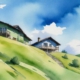Berglandschaft mit Almhütten als Aquarell